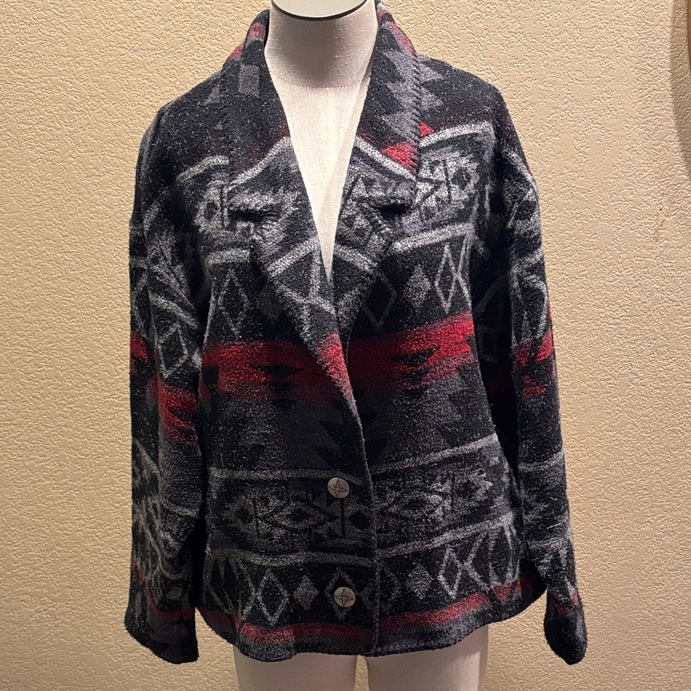 Coldwater Creek Black & Gray Southwestern-Patterned Jacket with Red Accents